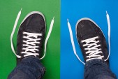 stylish blue gym shoes with white laces