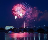 Independence Day fireworks over Washington Monument and Lincoln Memorial