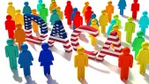 The word DACA with an american flag texture surrounded by a group of differently colored people